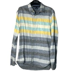 Tommy Hilfiger Men's Size L Linen Blend Shirt Custom Fit‎ Button Up Striped